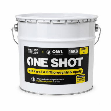 White Tin of One Shot, Main title One Shot with a Yellow banner underneath saying Mix part A and Part B Thoroughly.