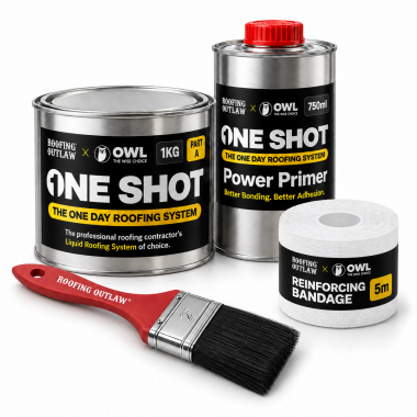 One Shot Trial Kit includes 1KG tin of One Shot, 75ml of Primer, 1 x 2 inch brush and 5m of polyester bandage